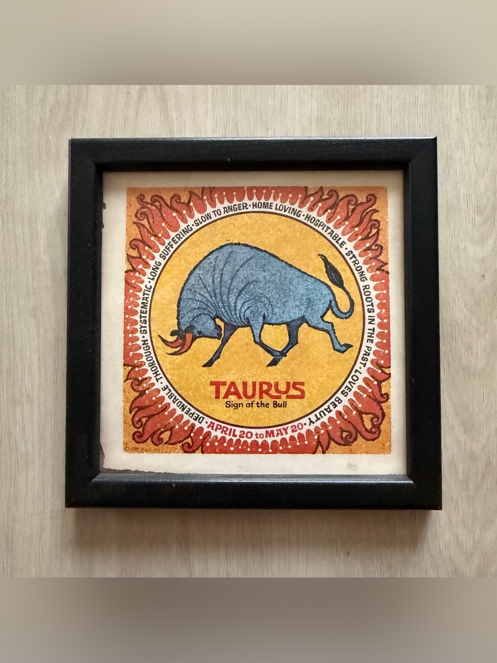 Vintage 60s Framed Zodiac Taurus Mini Print Picture